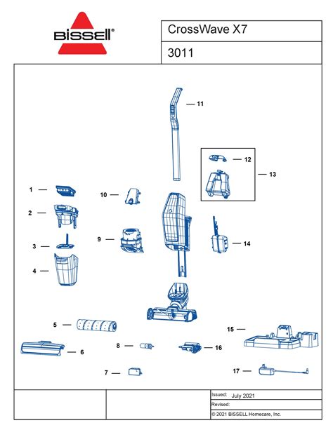 Bissell crosswave parts diagram - Using a Philips head screwdriver, remove the seven screws and lift off the brush plate. Next, grab the rotating floor brush at both ends, lift it straight out of the vacuum, and slip off the belt. Clear away strings, hair, and other debris from the brush and drive belt area. You may need to use scissors to cut away wrapped string or hair. 